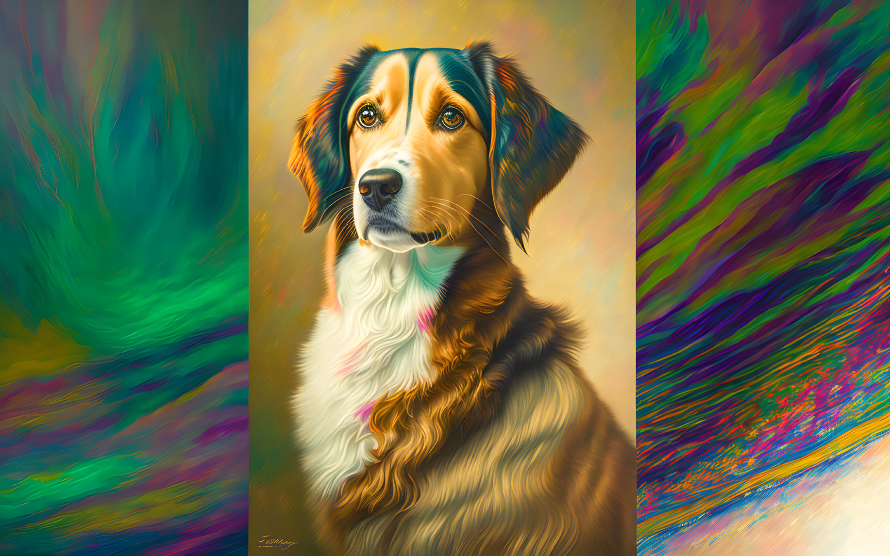 Vibrant digital painting of expressive dog with colorful swirls