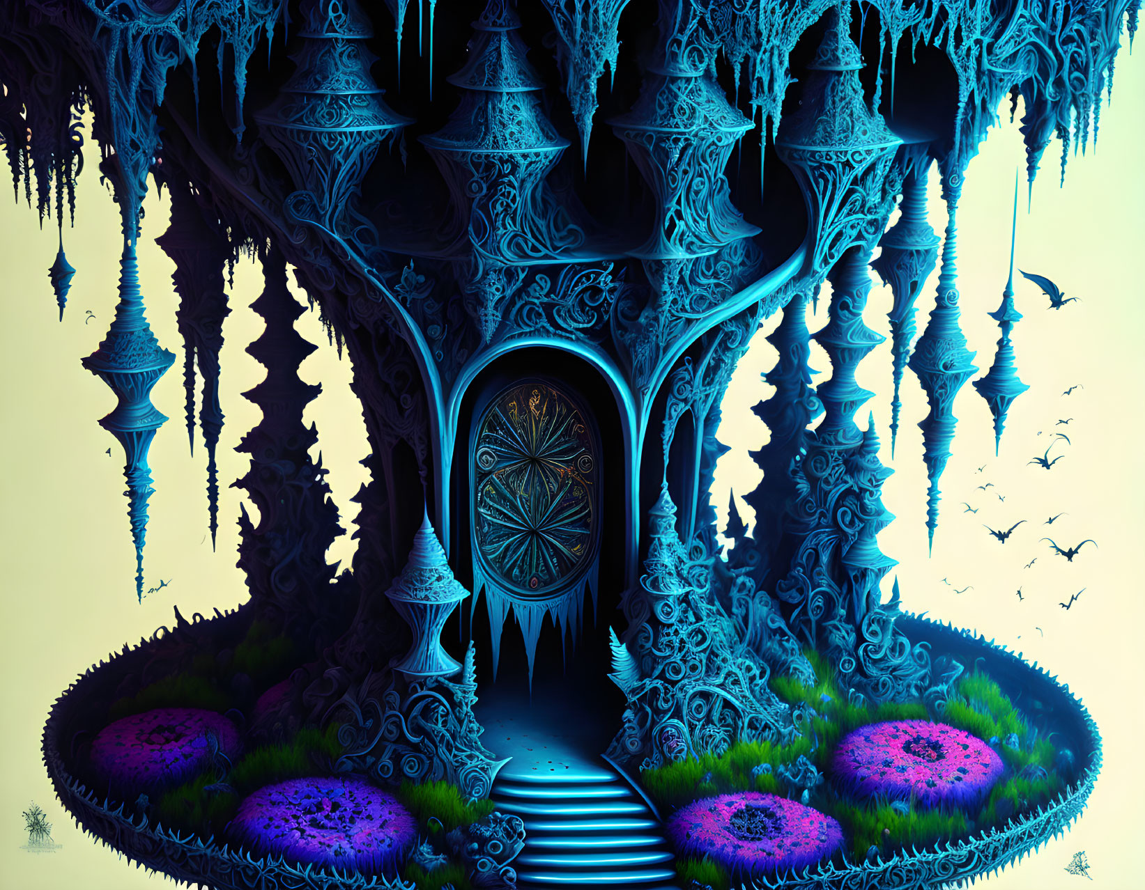 Fractal landscape with towers, archways, circular door, floating islands, birds, blue sky