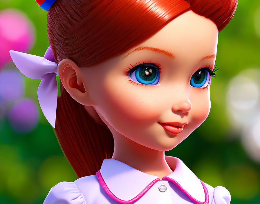 Detailed 3D-animated girl with red hair and blue eyes in front of colorful floral backdrop