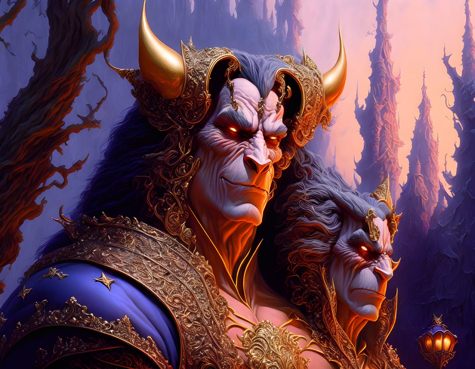 Regal demonic figures in ornate armor against mystical forest backdrop