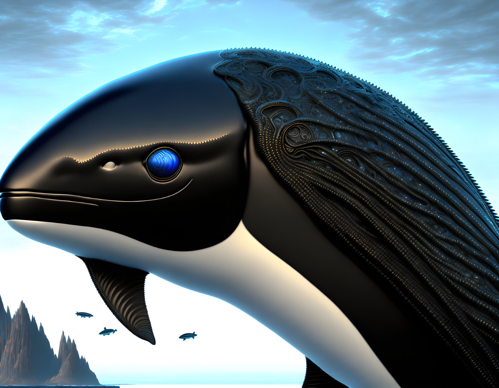 Robotic whale with intricate designs and blue eye in serene sea