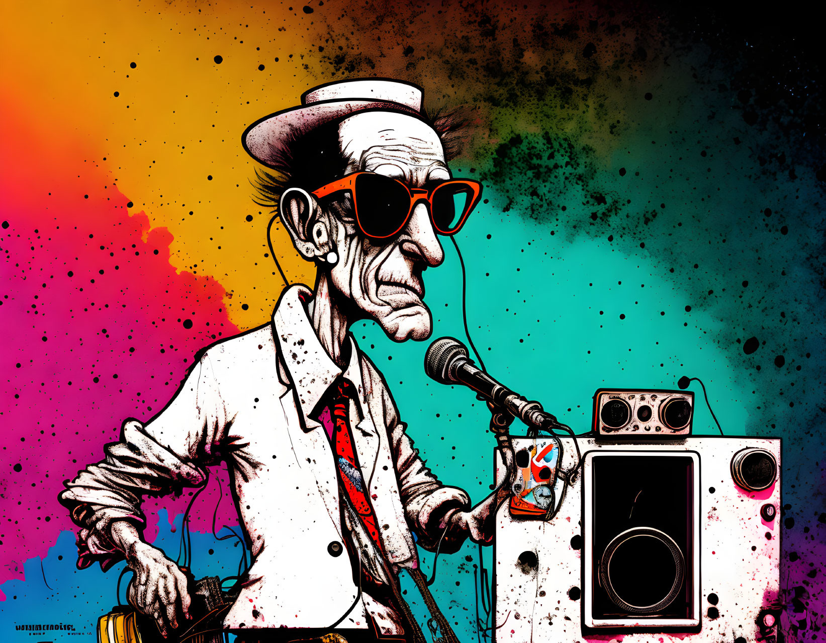 Elderly DJ mixing tunes in stylish illustration