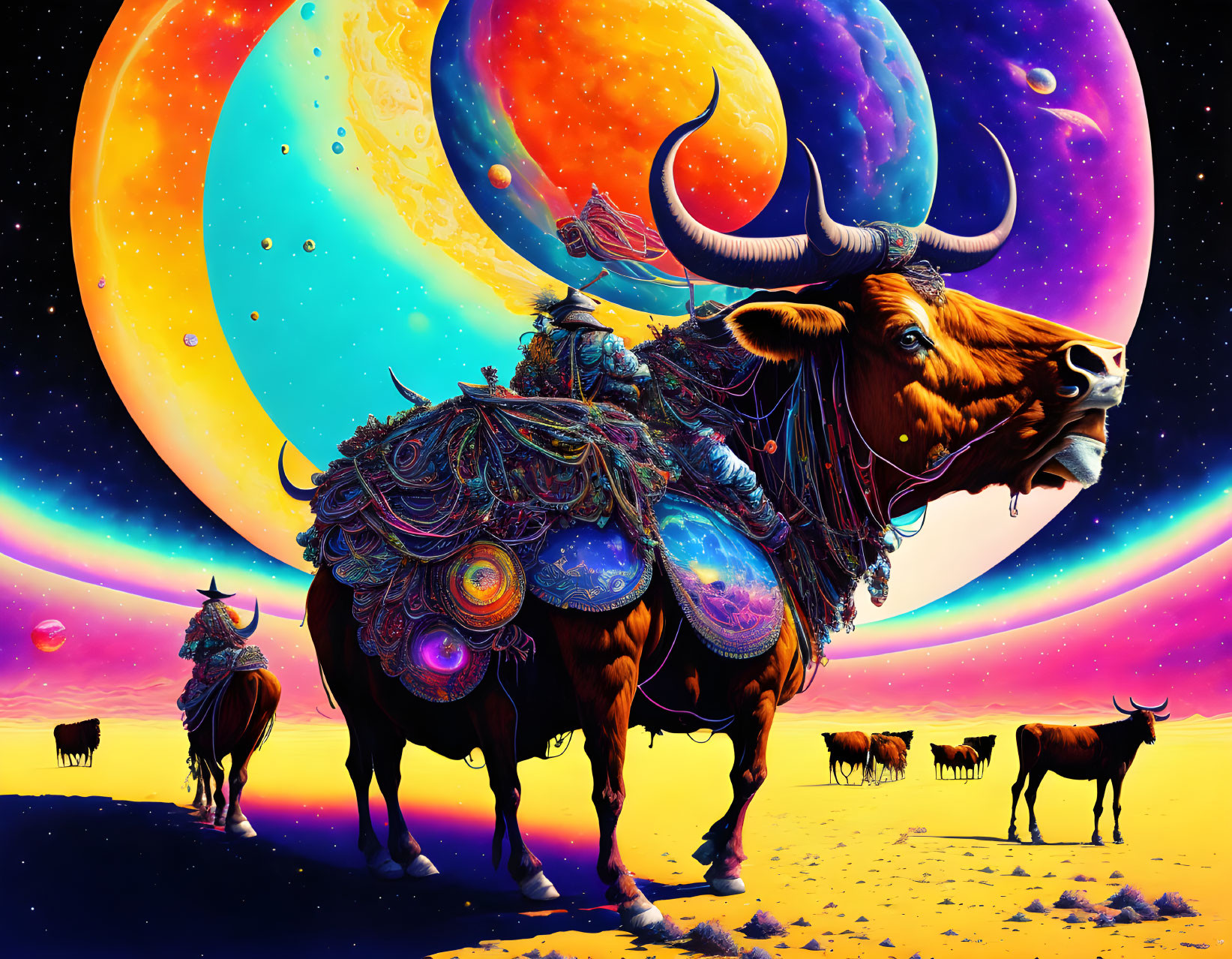 Colorful digital artwork: Bull, moons, horseback rider, cattle herd