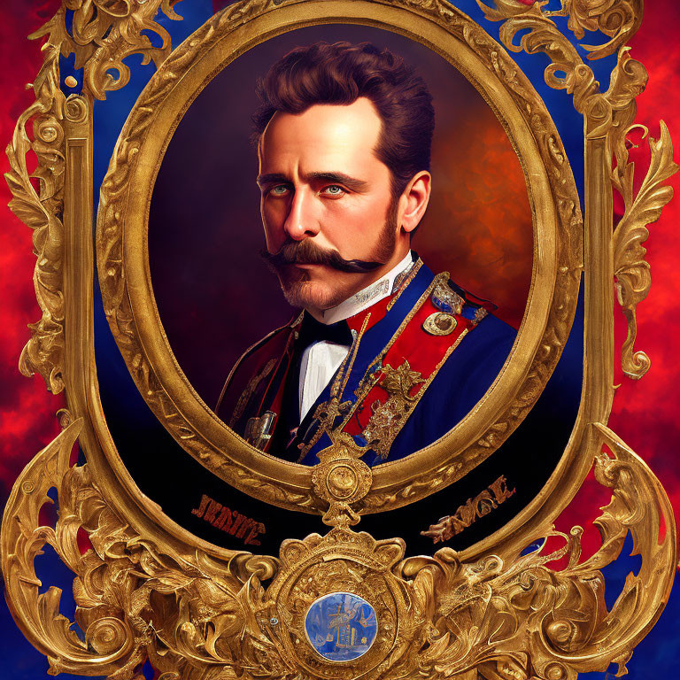 Regal man with mustache in military uniform in ornate golden frame