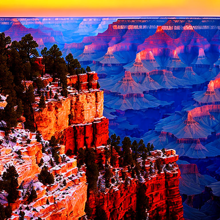 Grand Canyon landscape with orange and blue hues and snow-dusted edges at sunset