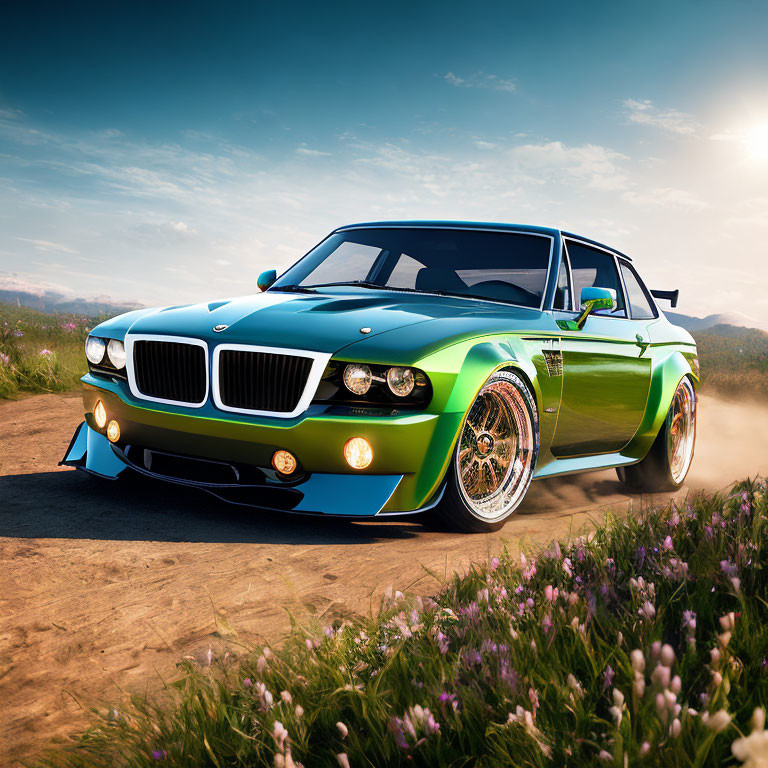 Vintage BMW car with chrome wheels, green and blue paint, parked in field with purple flowers.