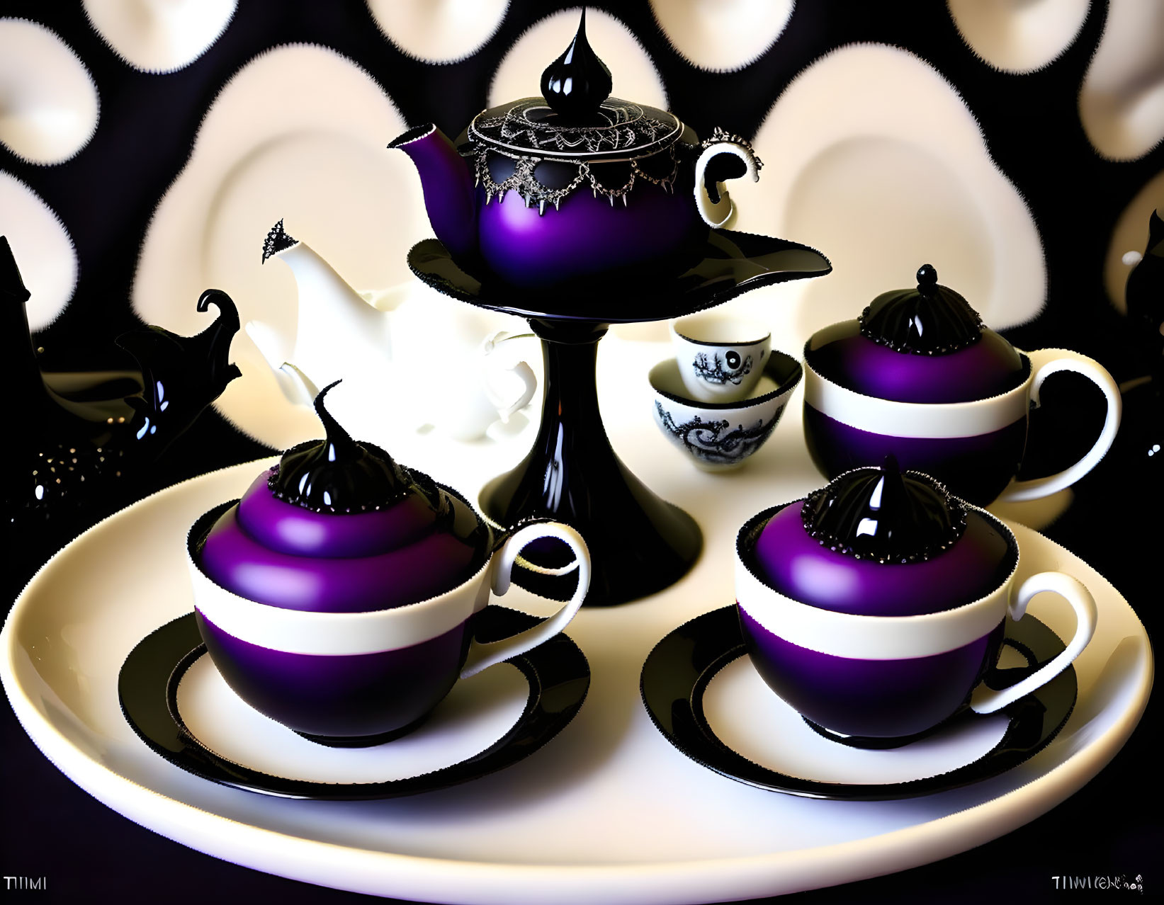 Purple and Black Striped Tea Set with Teapot, Cups, and Saucers on Tray