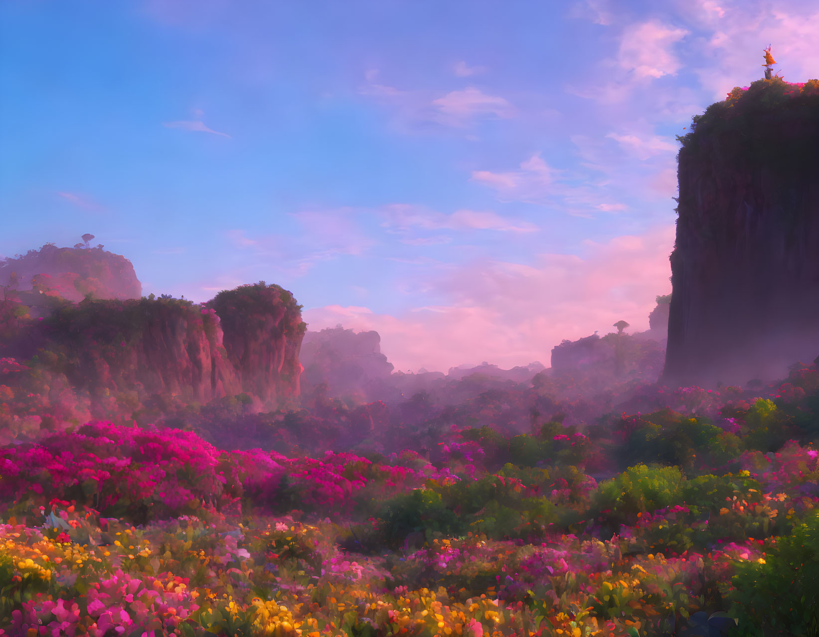 Vibrant pink and yellow flora with towering cliffs under a soft purple sky