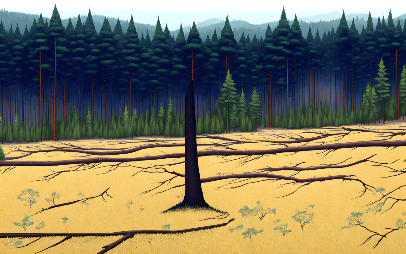 Stylized forest scene with prominent tree and coniferous backdrop