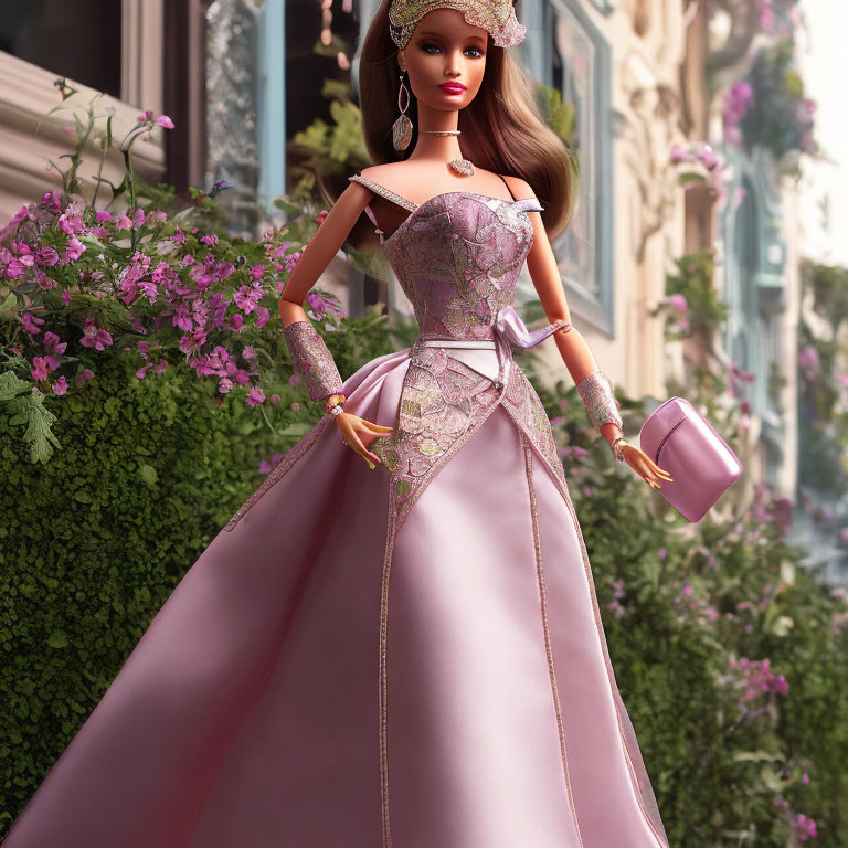 Elegant Barbie doll in pink ball gown with accessories on city street with flowers