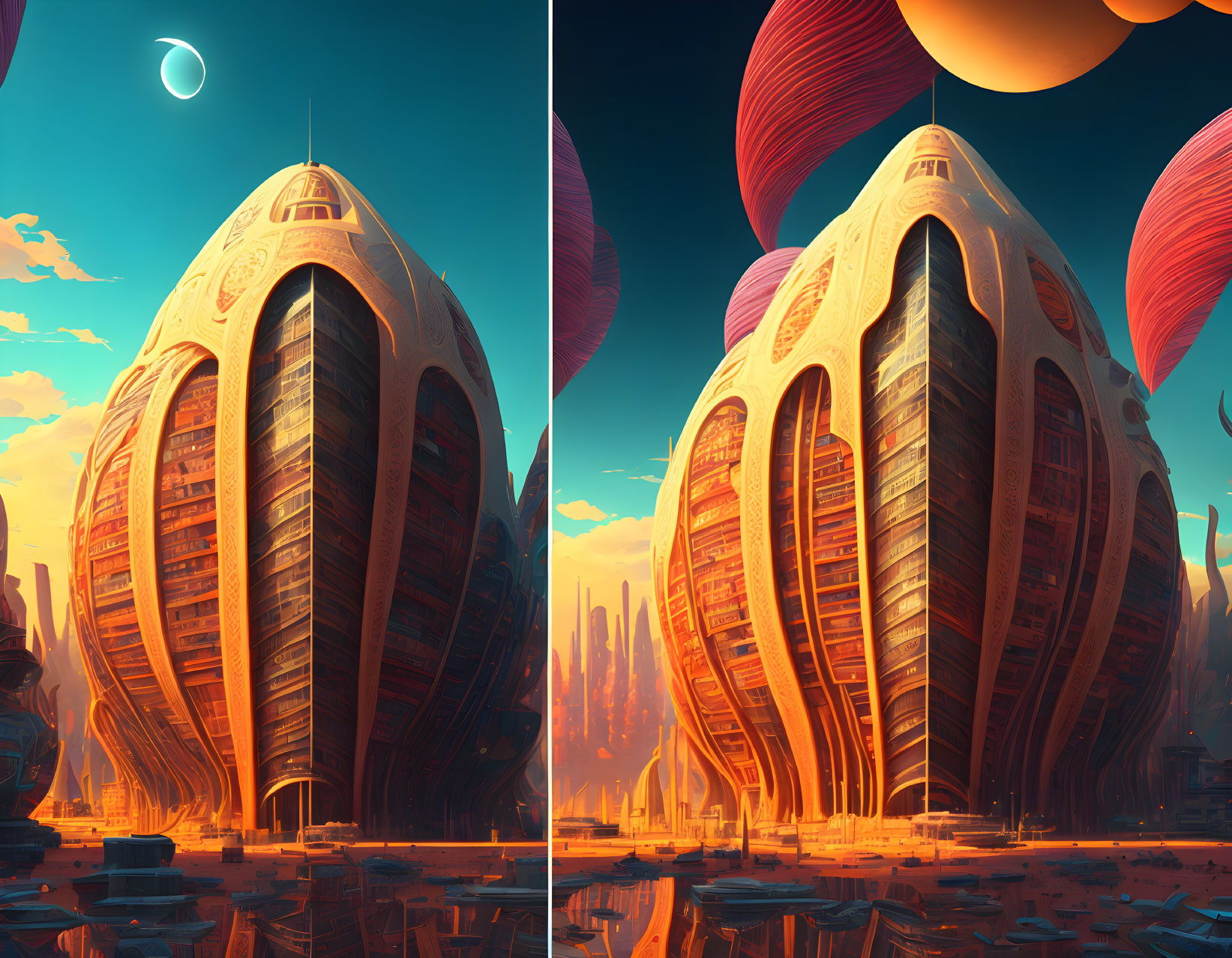 Futuristic cityscape with towering onion-shaped building and floating red orbs at dusk