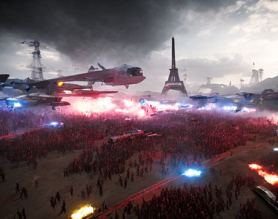 Futuristic sci-fi scene with spacecraft, crowd, and modified Eiffel Tower