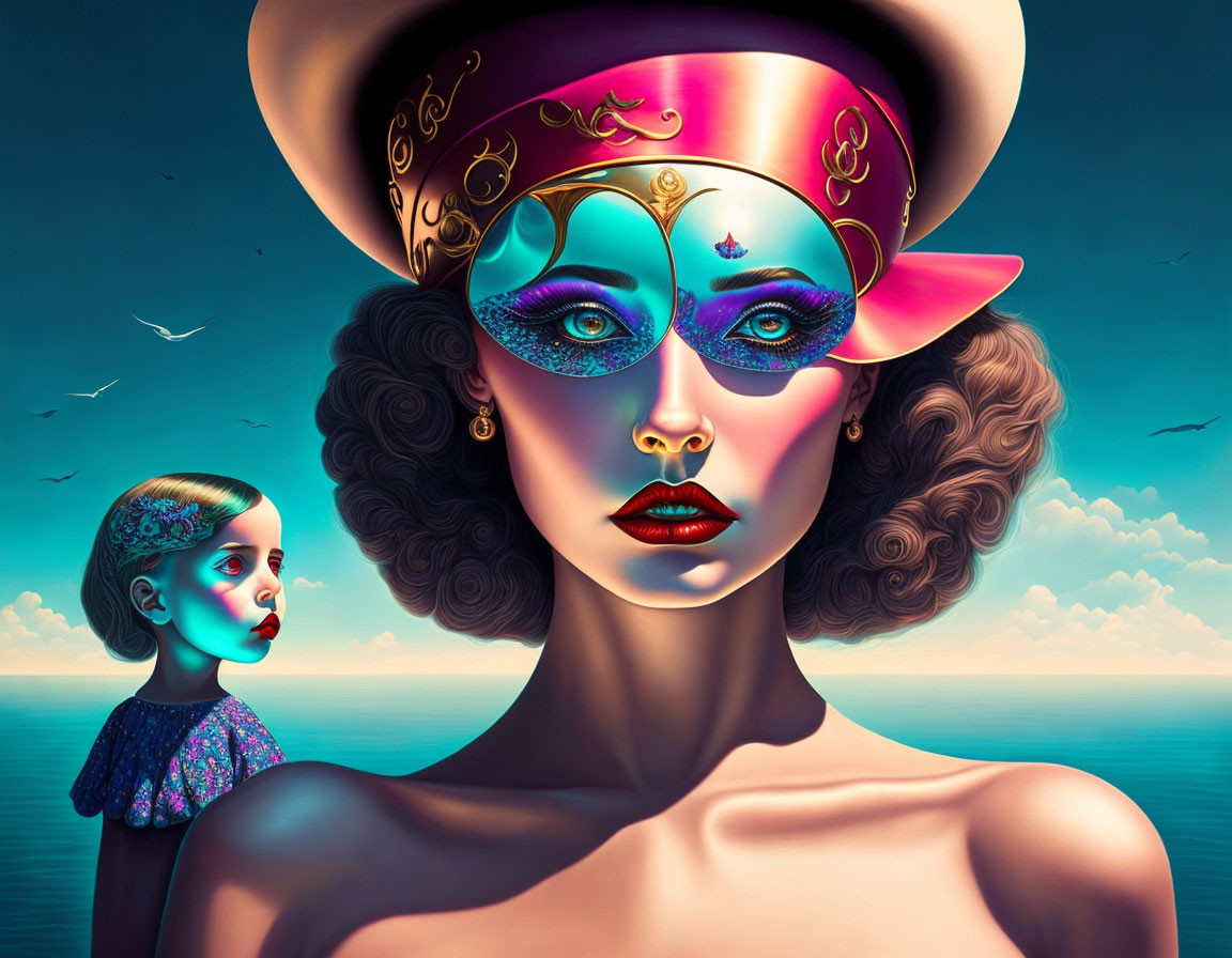 Surreal digital artwork of woman with vibrant makeup and hat by ocean