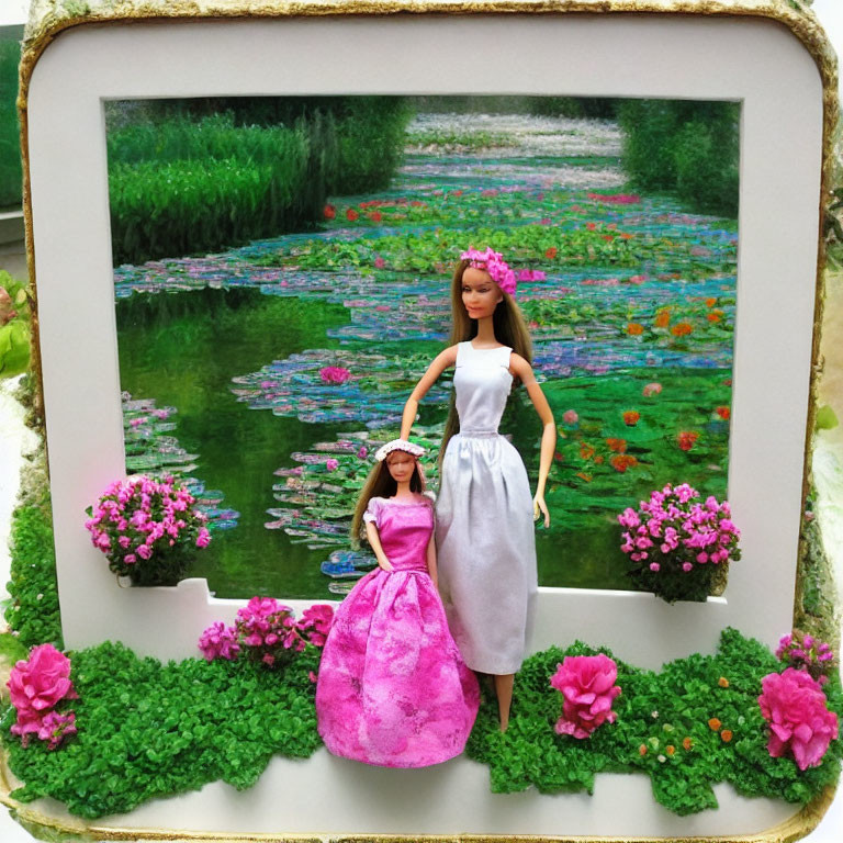 Miniature garden diorama with two dolls in watery setting amid lush greenery and pink flowers