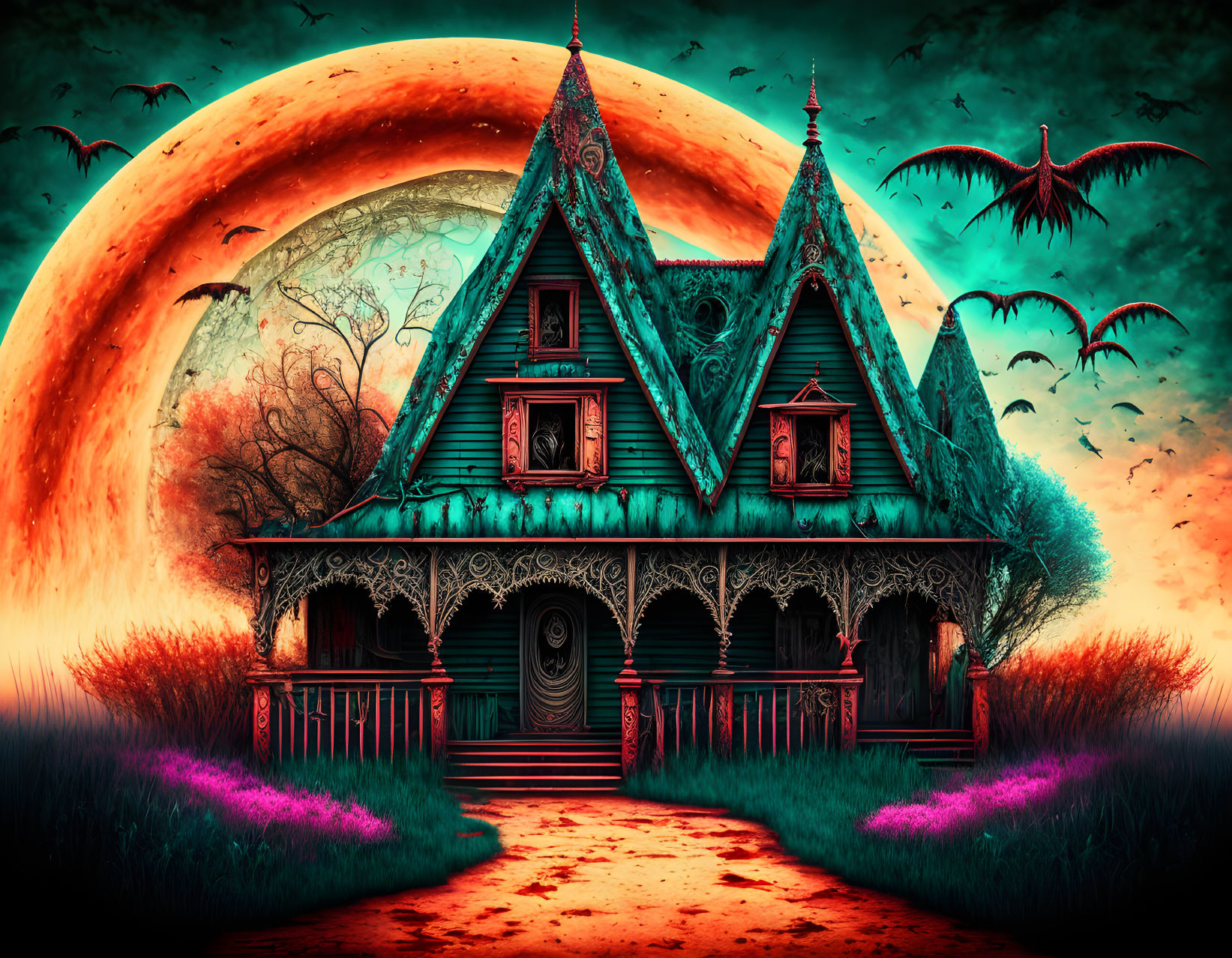 Gothic house under red moon with flying creatures in eerie landscape