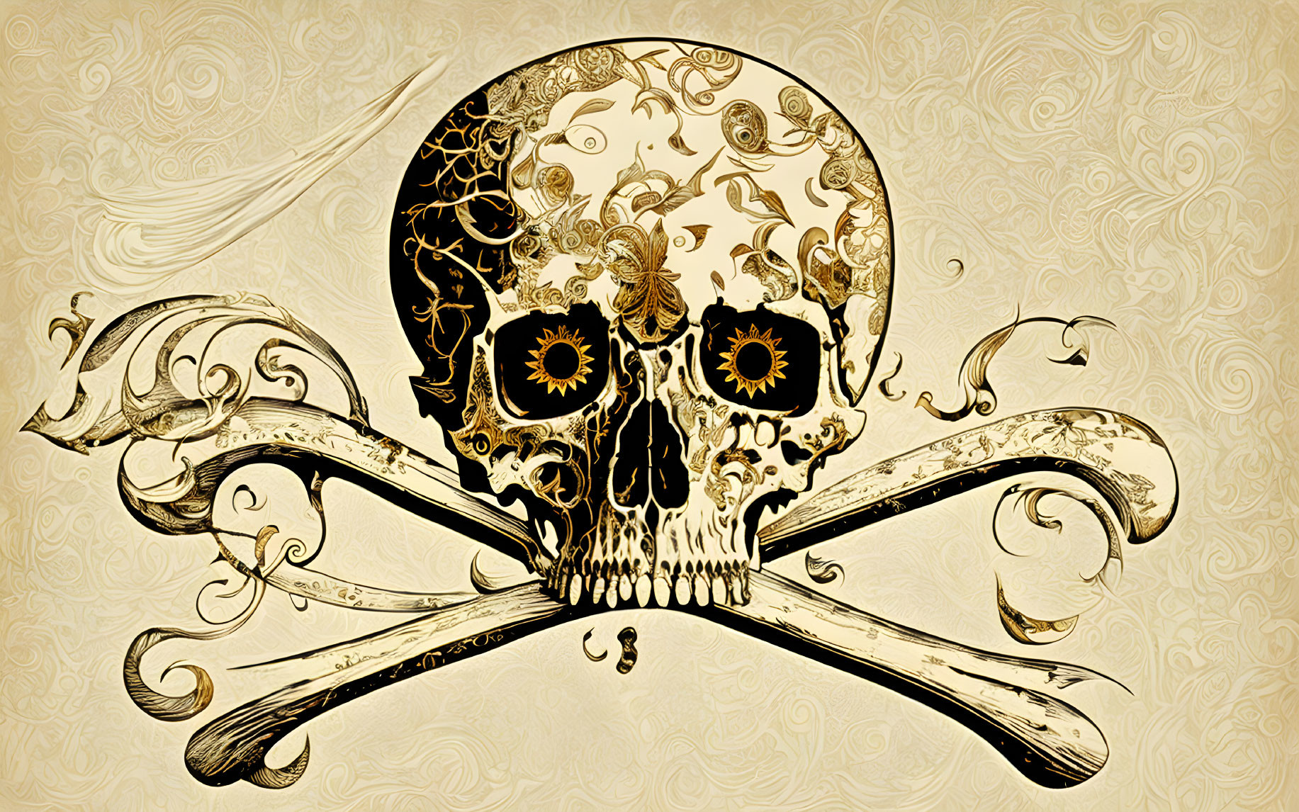 Skull with ornate patterns and sunflower eyes on beige background