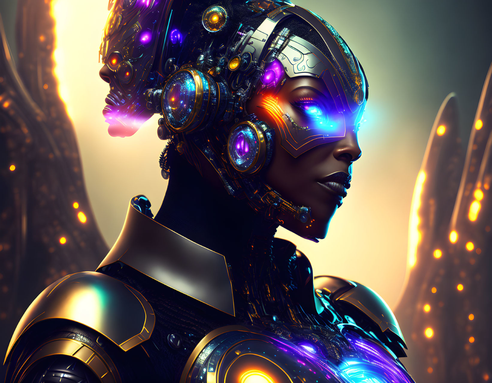 Detailed futuristic female android with glowing cybernetic headgear on warm golden backdrop