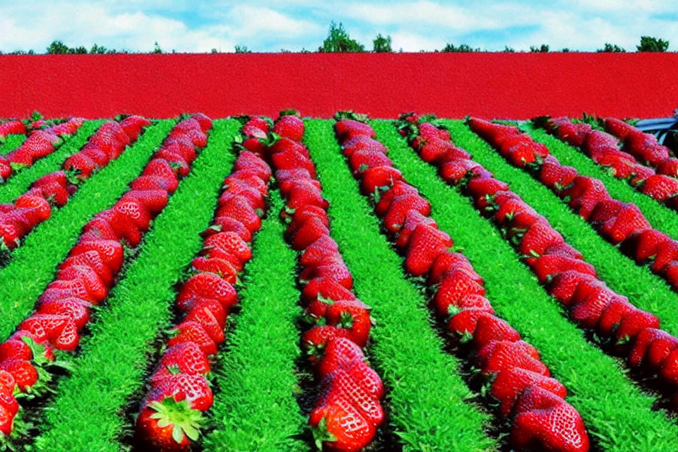 Vibrant strawberry plants in a field under a bright blue sky