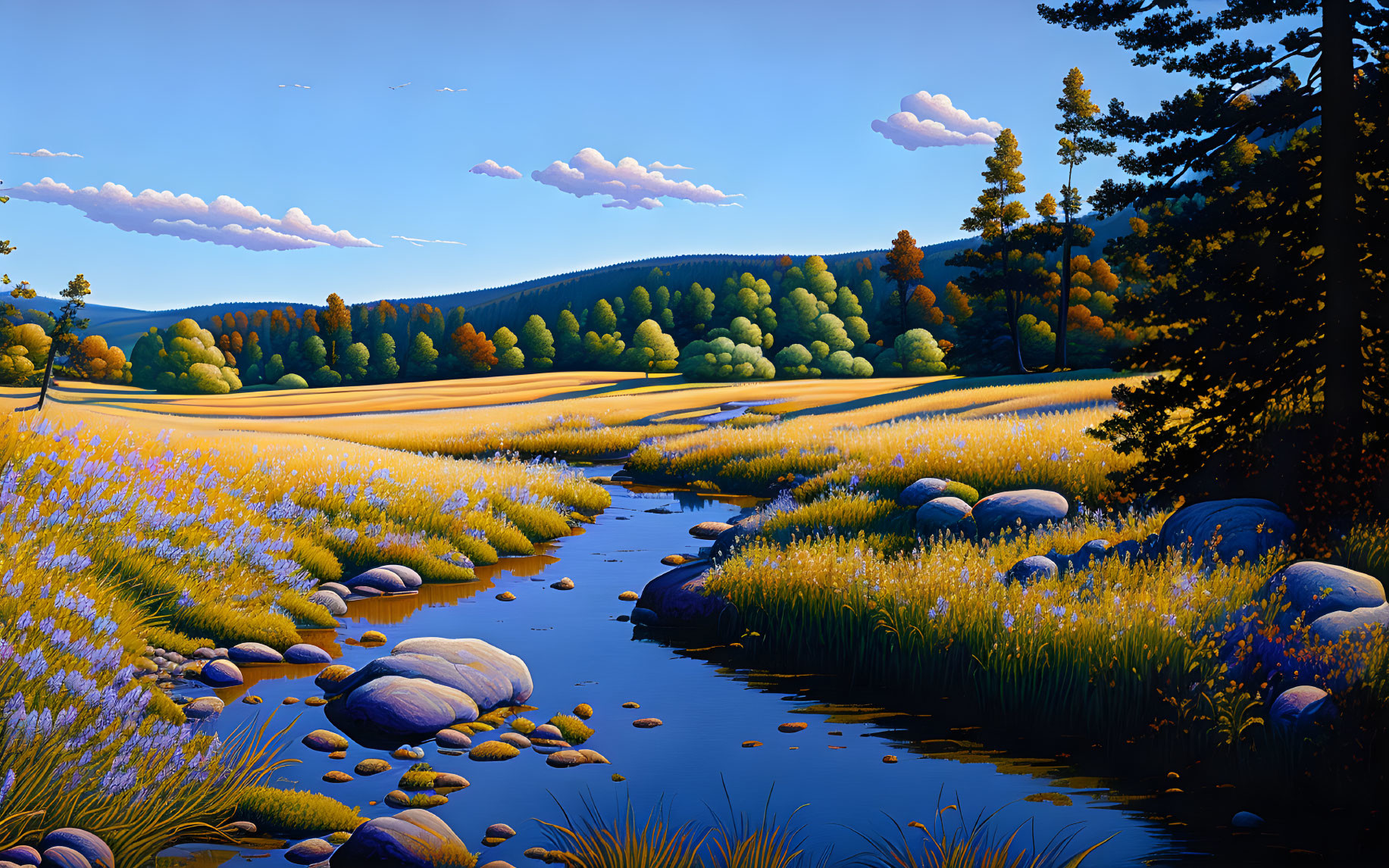 Tranquil river landscape with golden fields and trees