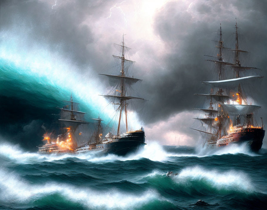 Stormy Seas: Tall Ships in Battle Amidst Ominous Clouds