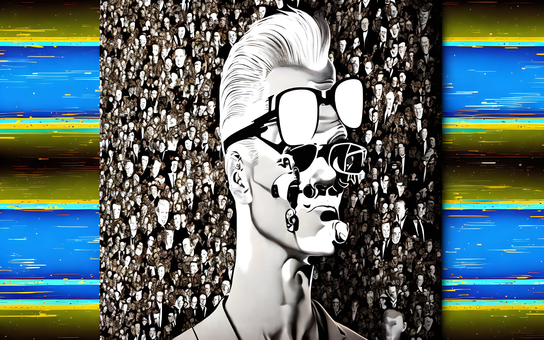 Stylized portrait with glitch art effects: person with glasses, high pompadour, surrounded by