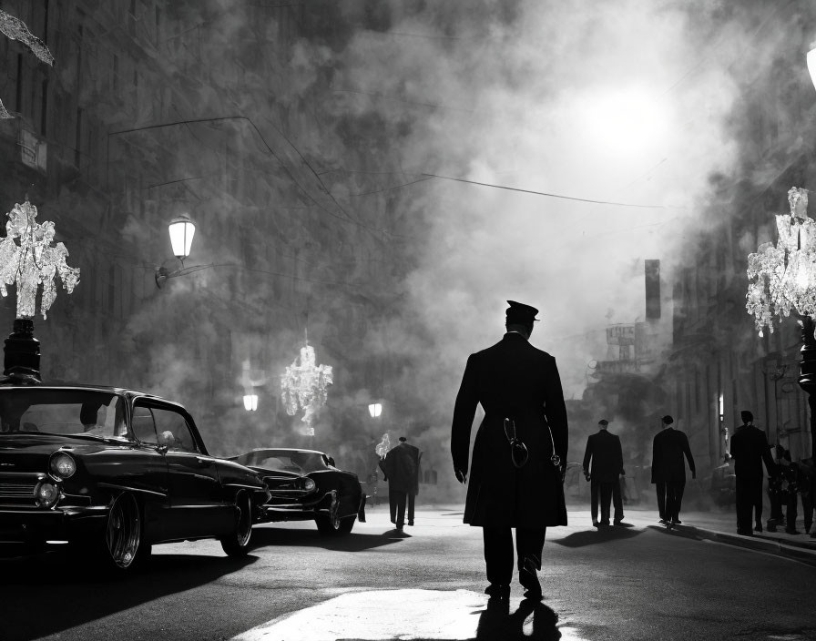 Silhouetted figure on retro night street with vintage cars and pedestrians