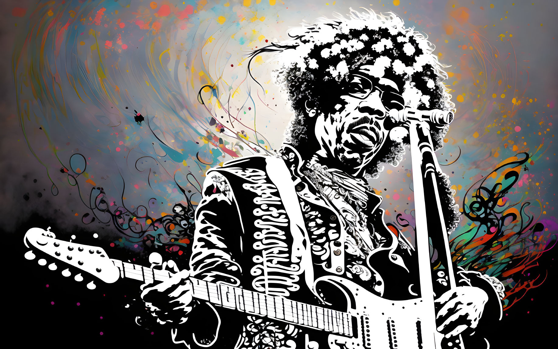 Monochrome musician with afro playing guitar and singing on colorful abstract backdrop