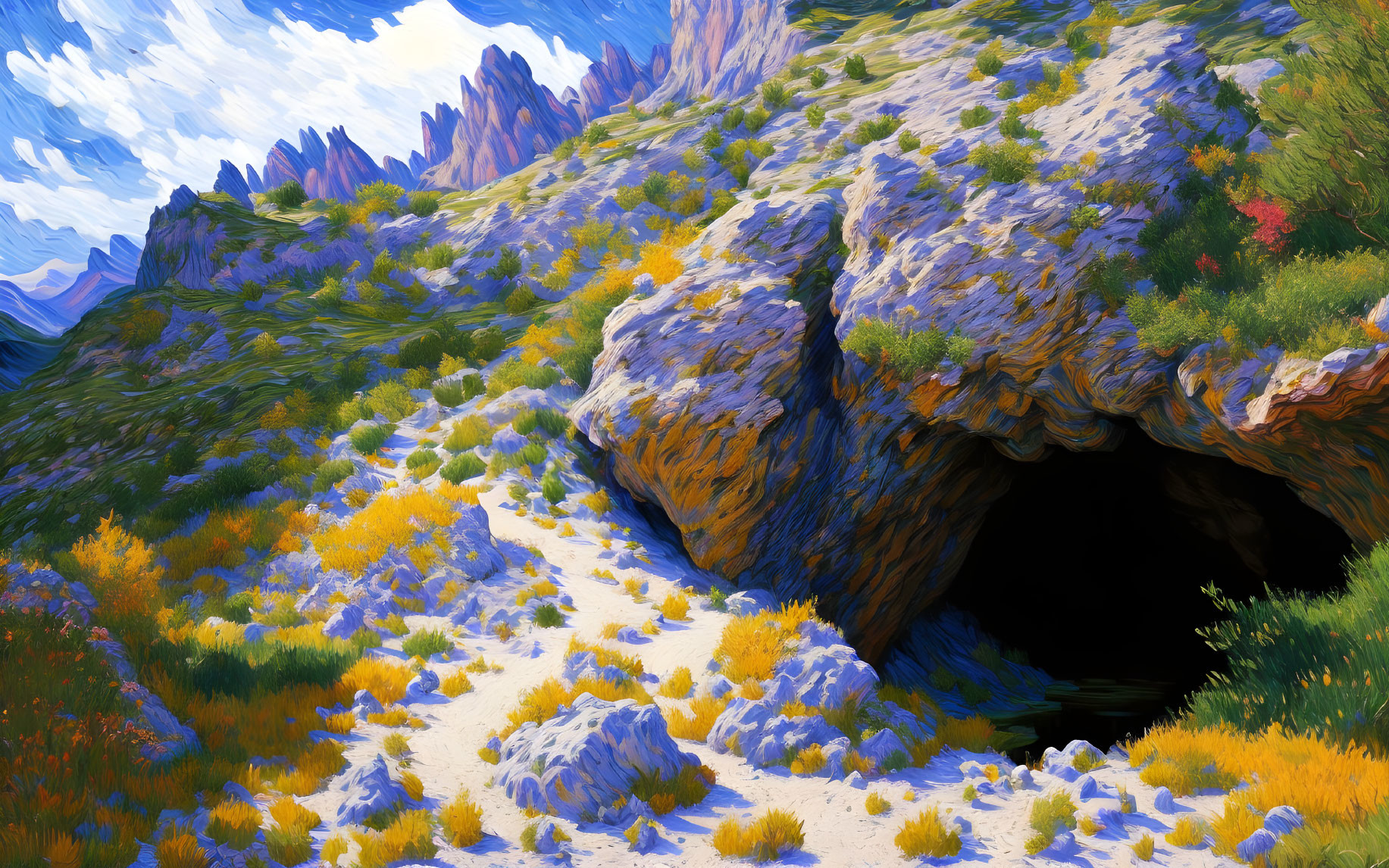 Scenic landscape with cave entrance, wildflowers, and mountains