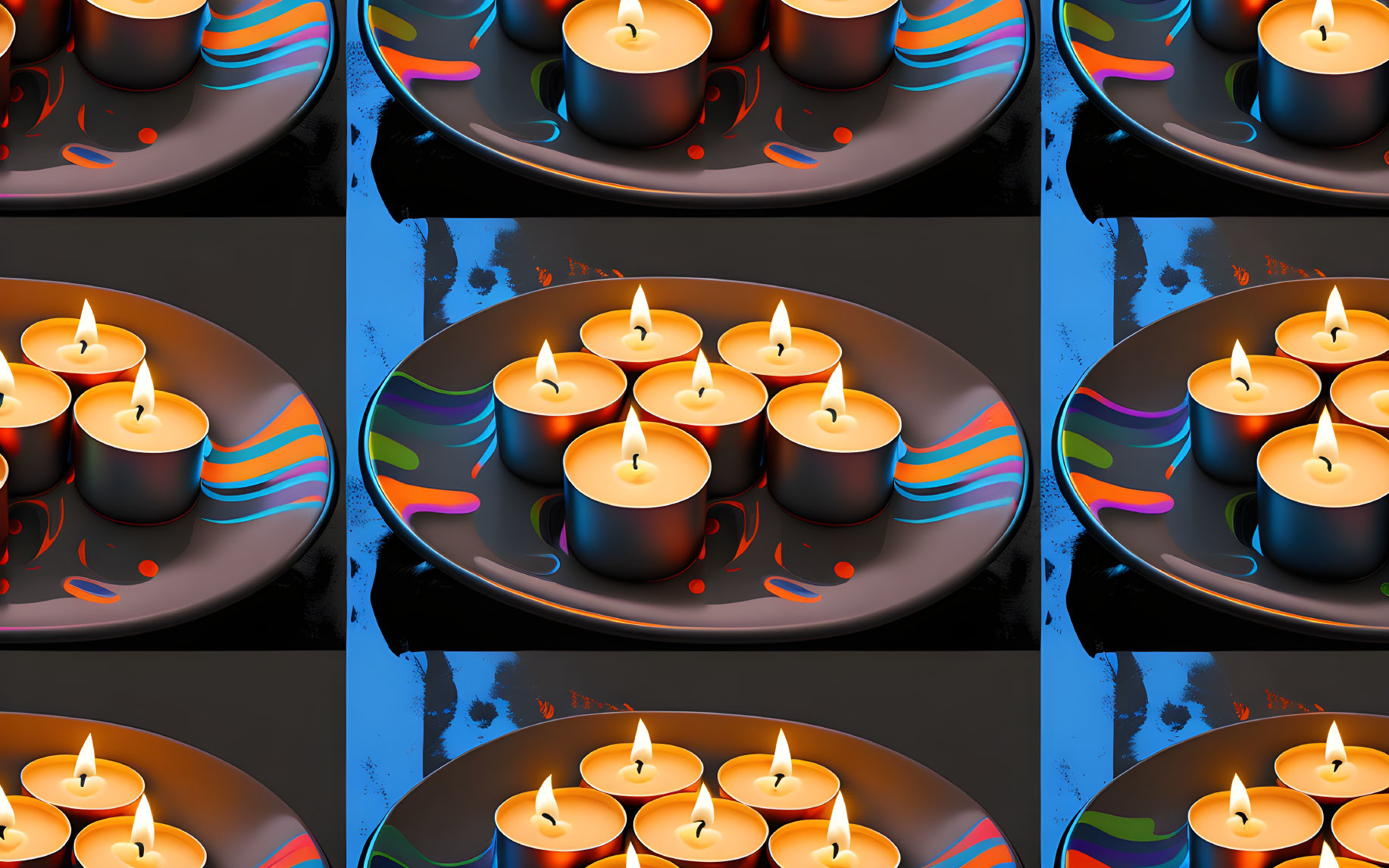 Colorful Plate Pattern with Lit Candles & Confetti on Dark Background