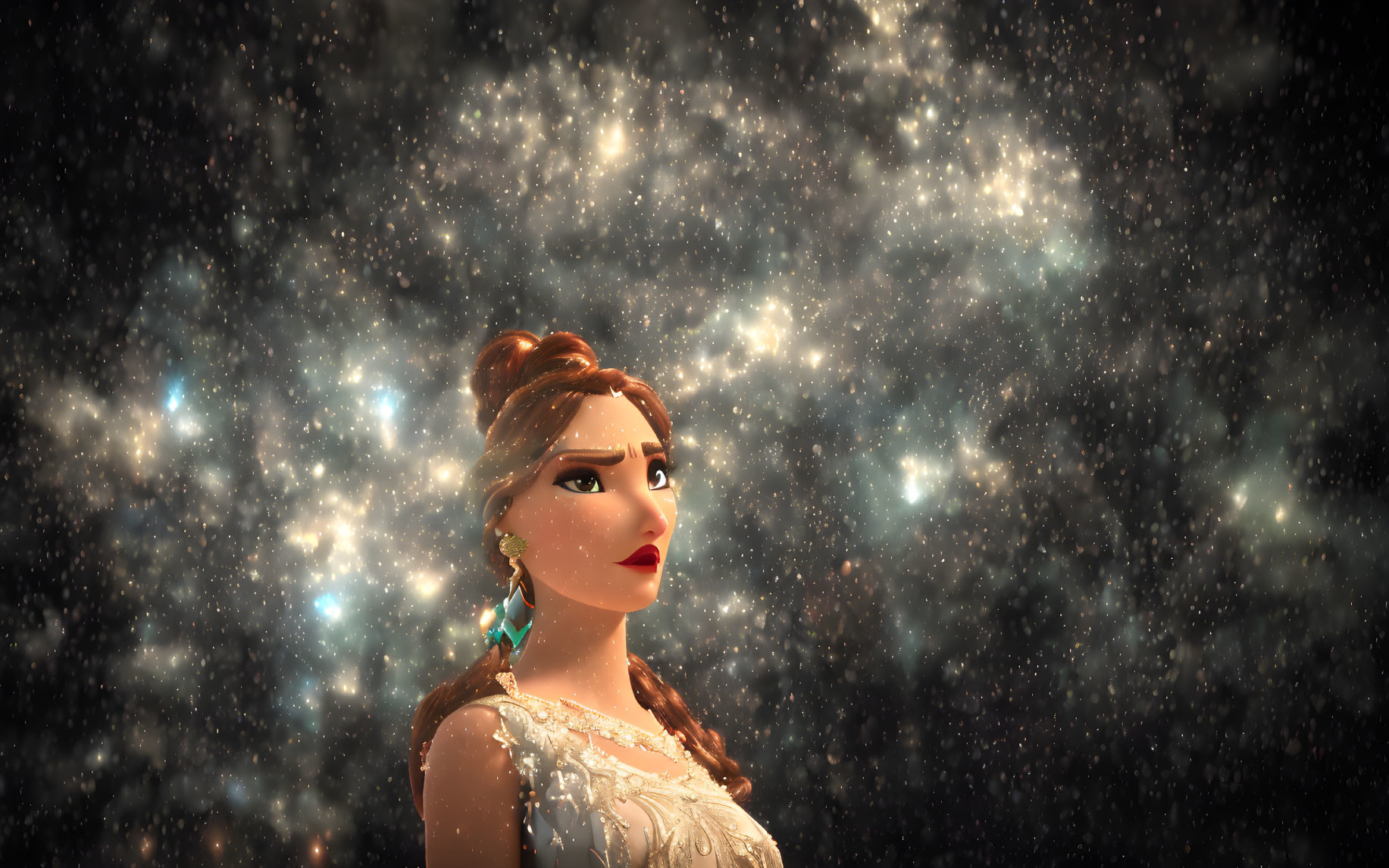 Elegant animated character in cosmic dress gazes at starry sky