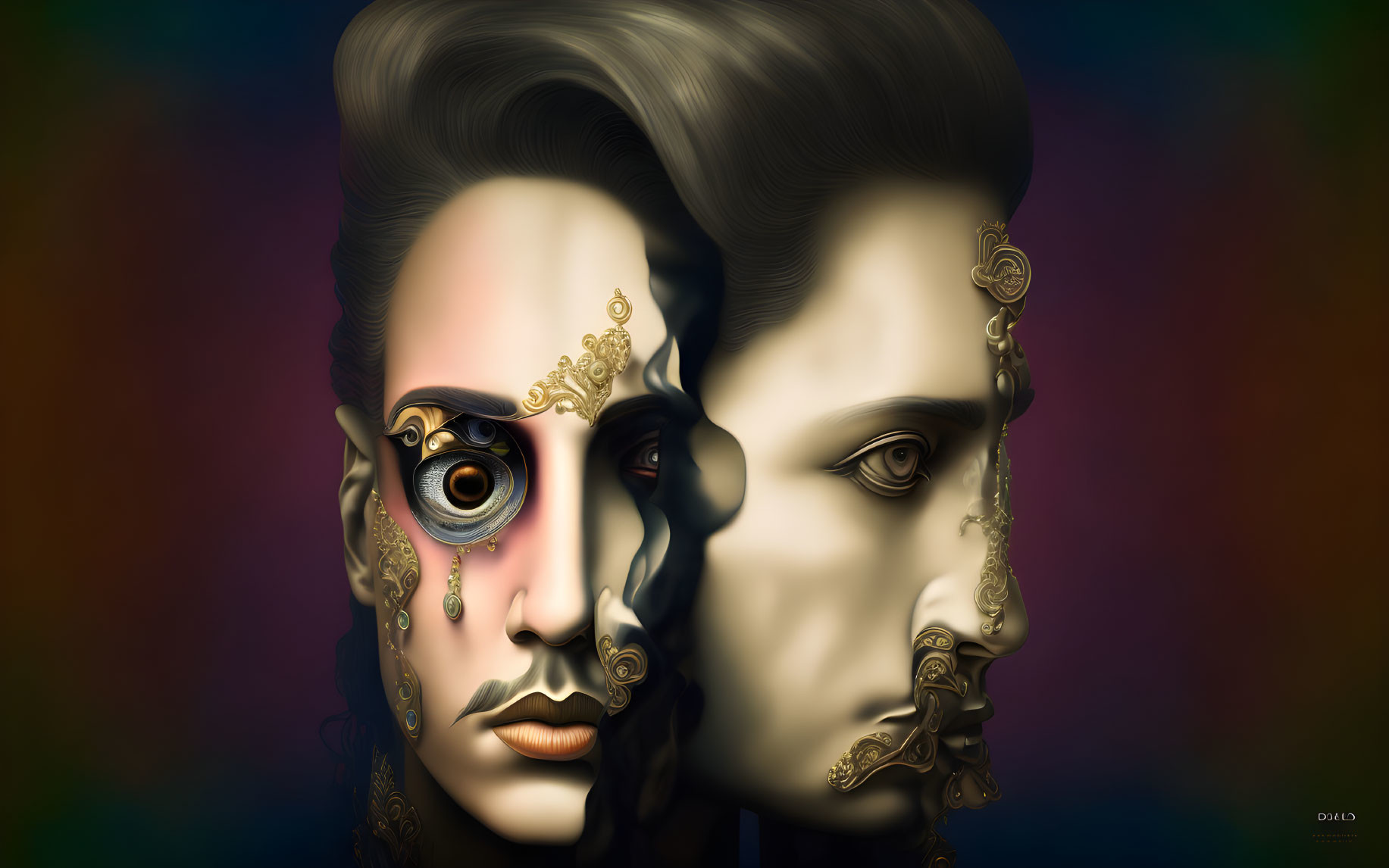 Stylized surreal faces with ornate gold details and a mechanical eye on gradient background