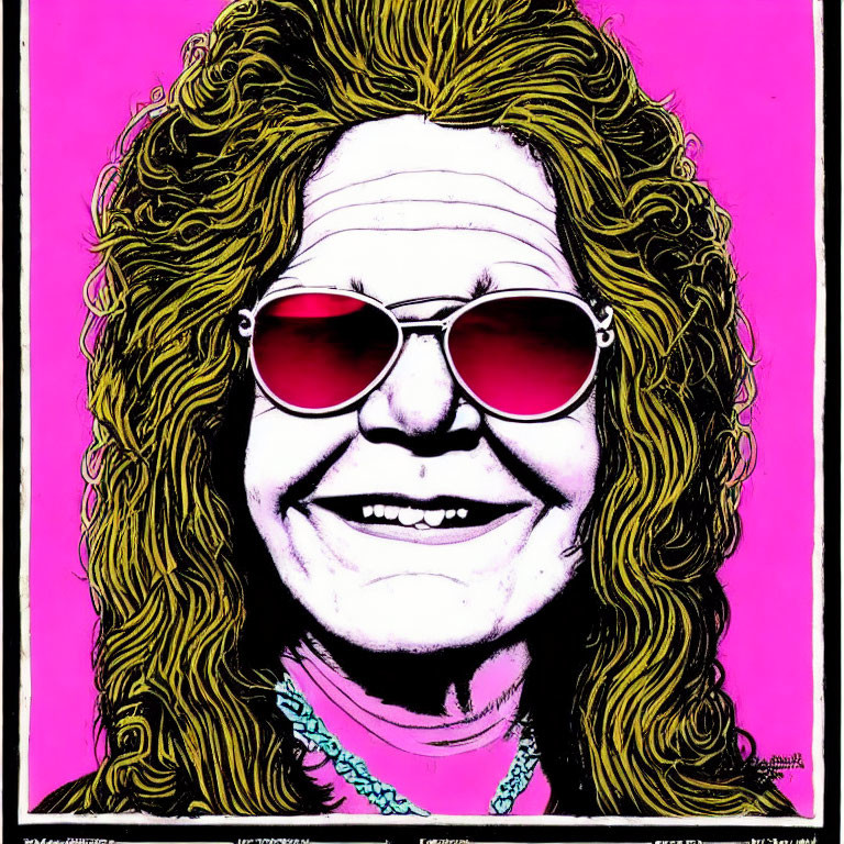 Curly-Haired Person with Pink Sunglasses Smiling on Pink Background