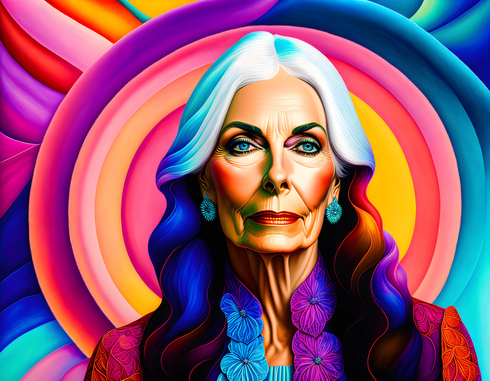 Vibrant digital portrait: elderly woman with white hair & blue eyes on rainbow backdrop