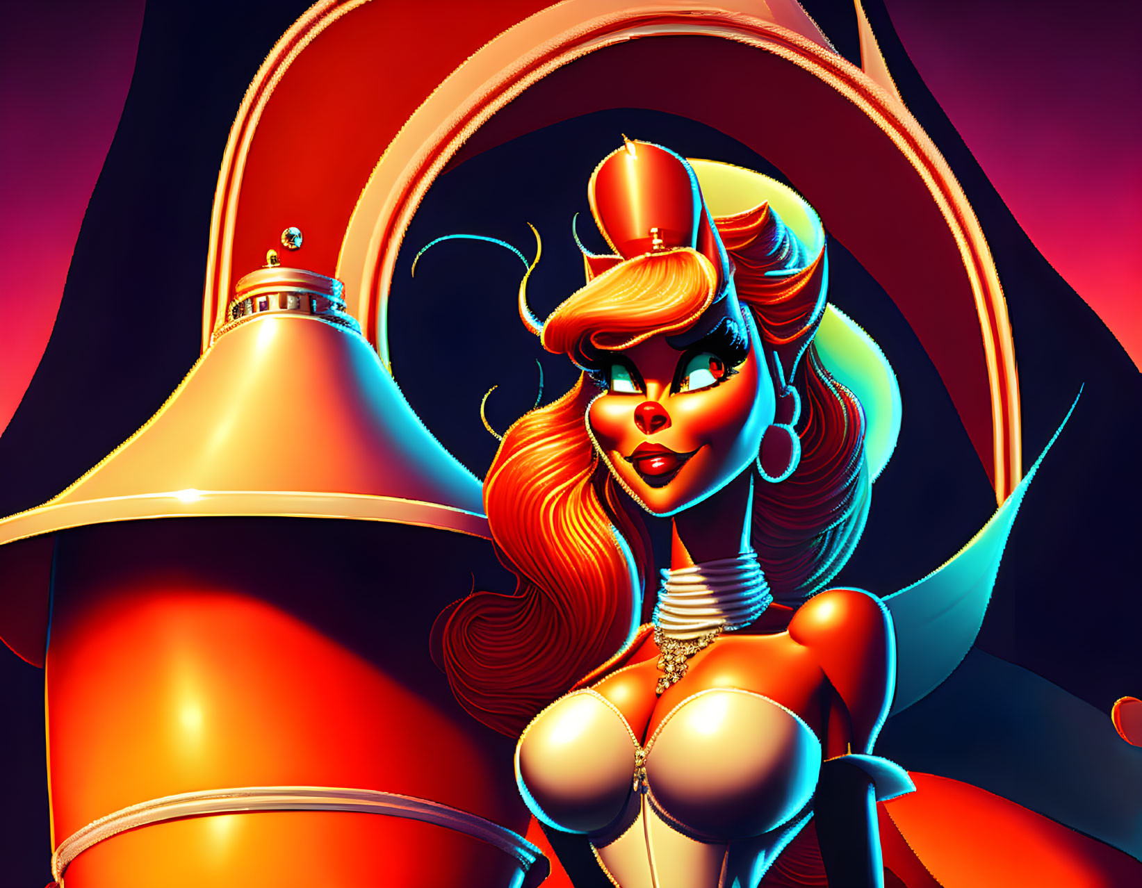 Stylized retro-futuristic nurse character in vibrant setting