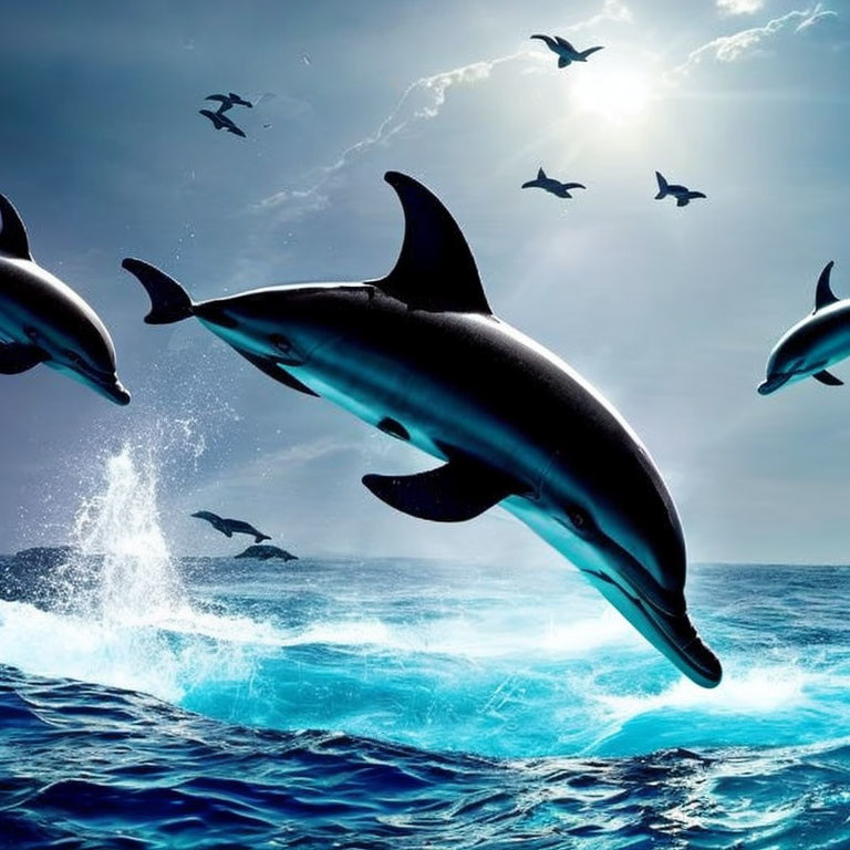 Dolphins Jumping Above Ocean with Birds in Sunny Sky