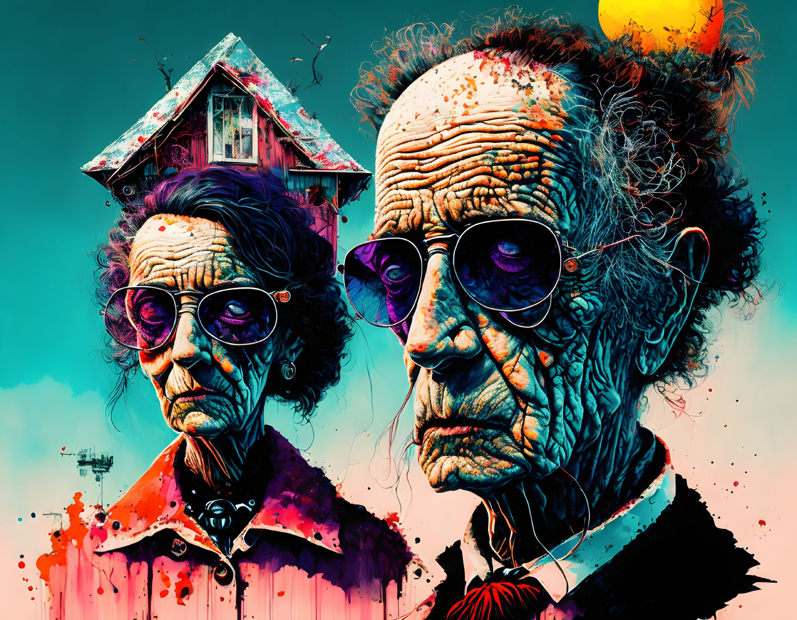 Colorful Artwork: Elderly Couple in Stylish Sunglasses Against Surreal Backdrop