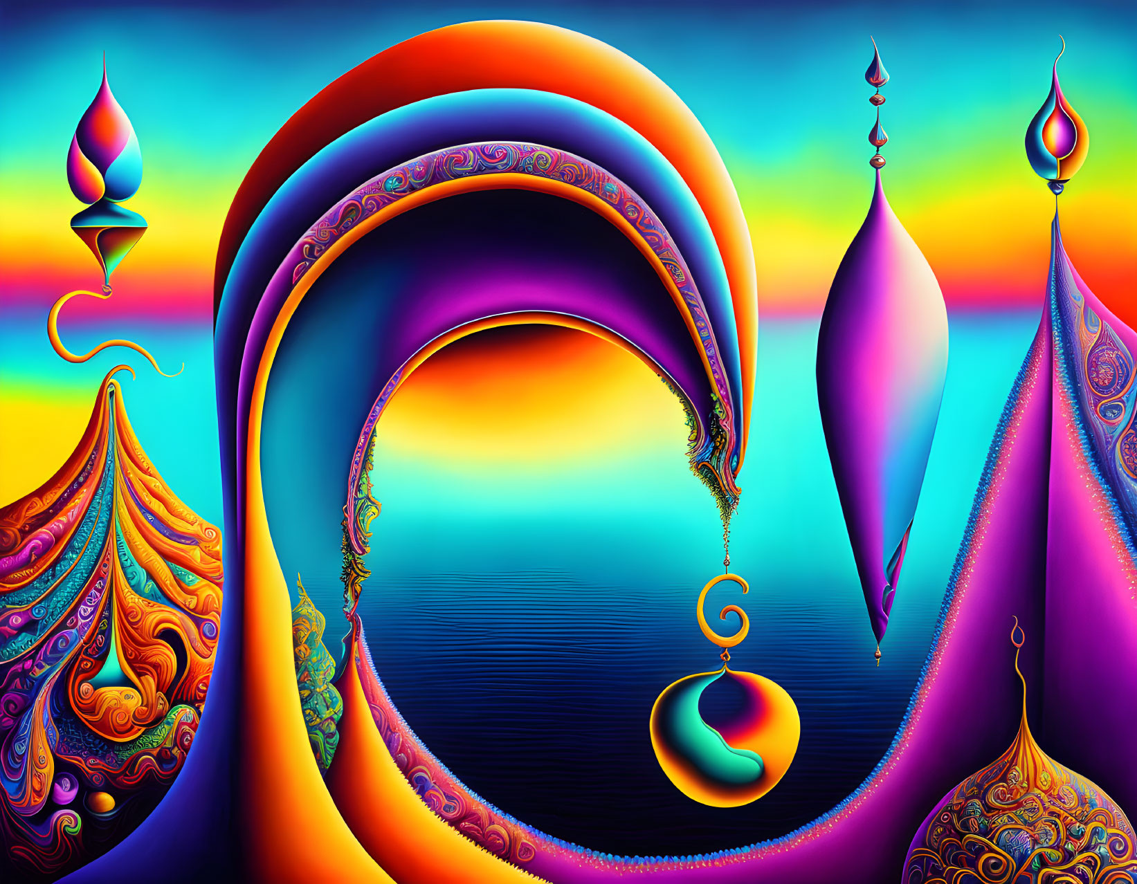 Colorful Abstract Art: Psychedelic Swirls & Ornate Patterns on Blue