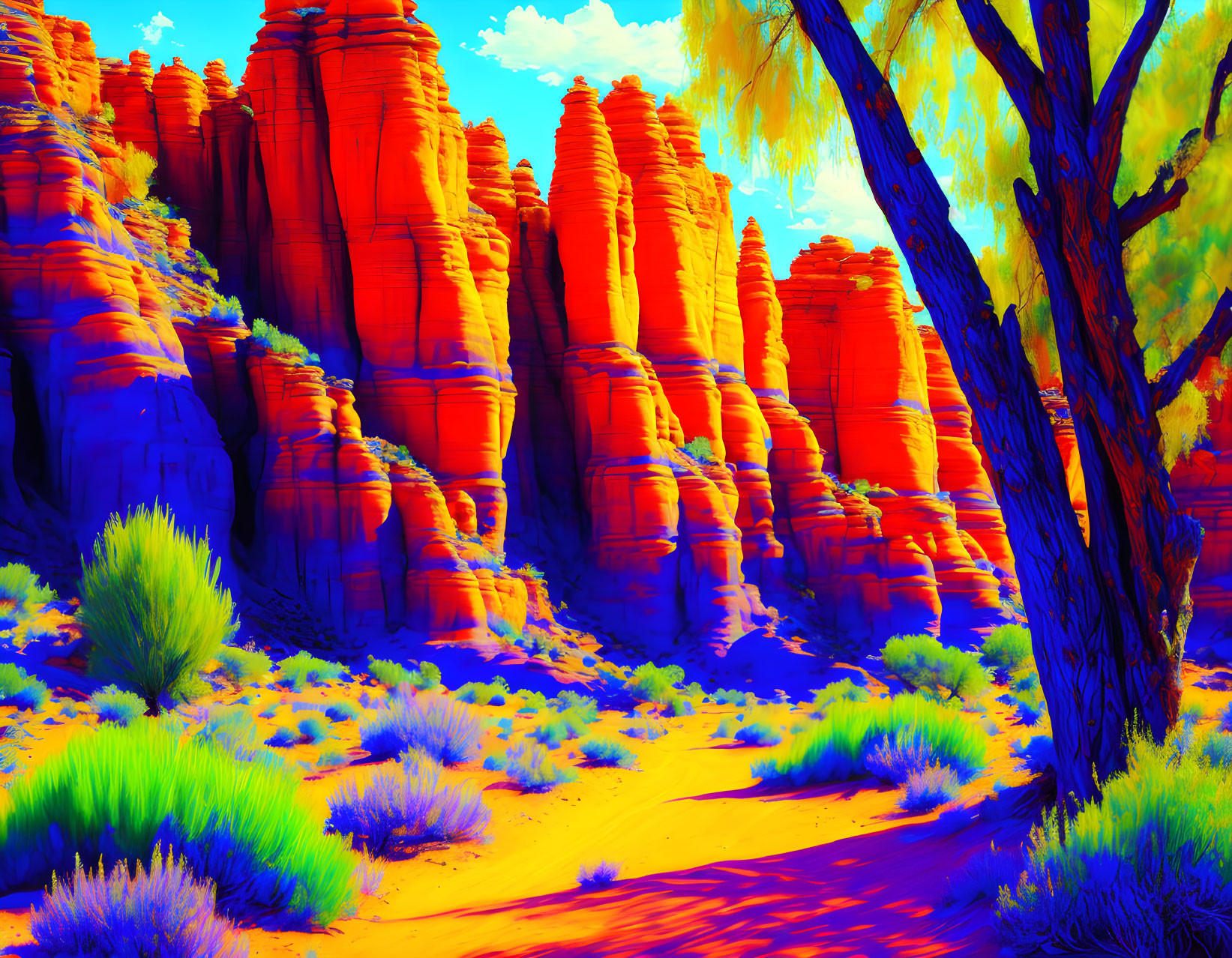 Colorful Desert Landscape with Red Rocks, Blue and Green Brush, Teal Sky