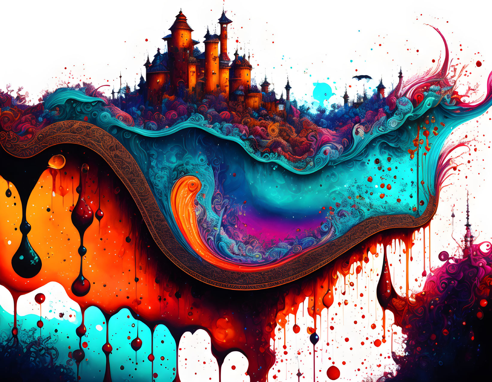 Colorful abstract artwork with wave-like pattern, blue and red hues, and silhouette of castle on swirling