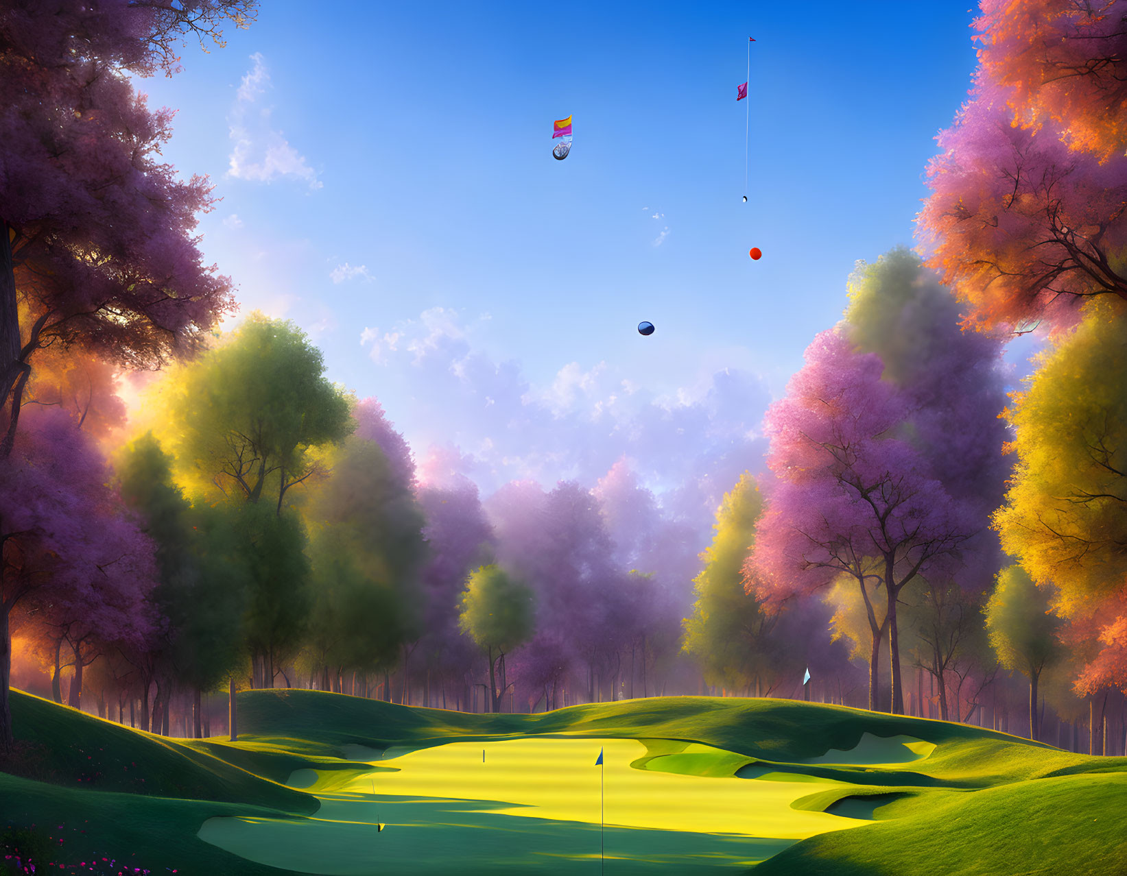 Scenic golf course with colorful trees and hot air balloons