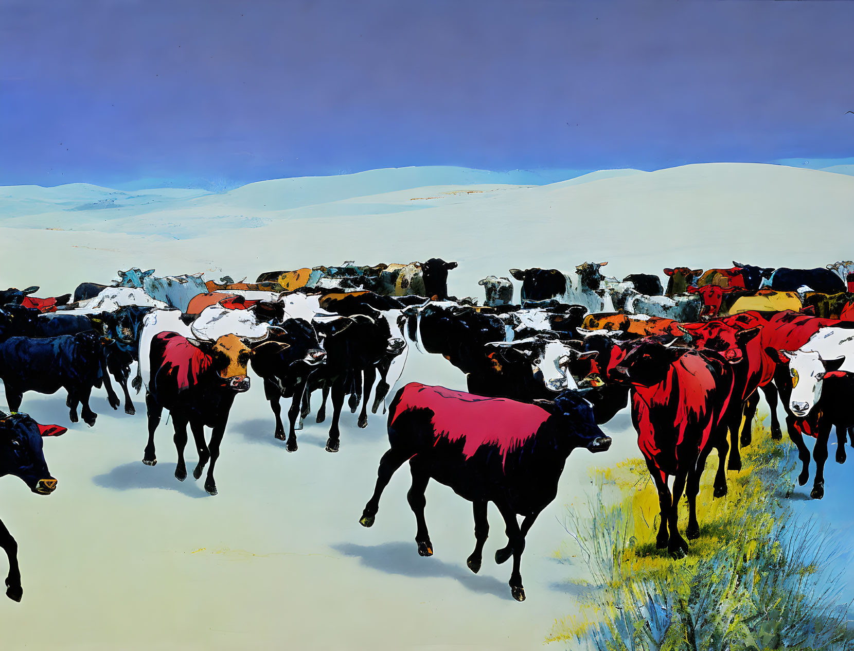 Vibrant cattle herd in bold colors on sand dunes landscape