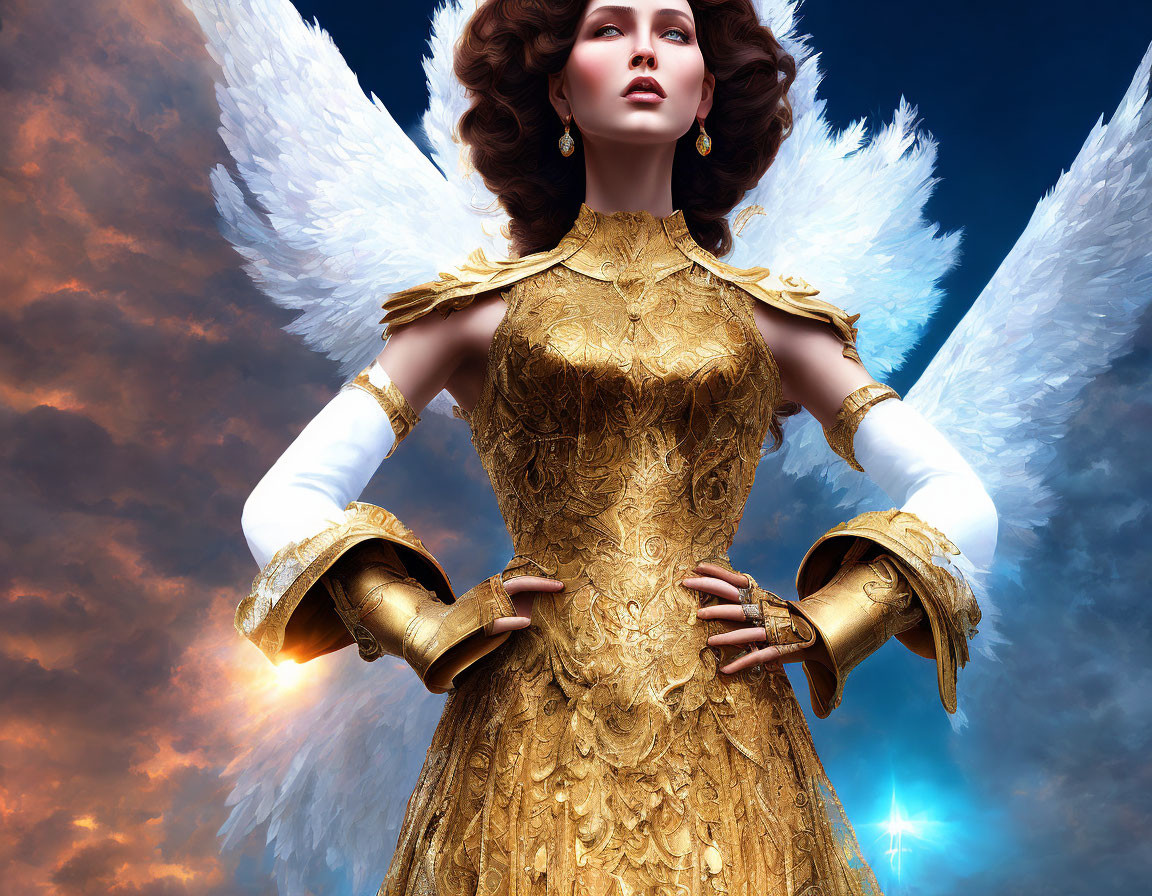 Angel-winged woman in golden dress under dramatic sky.