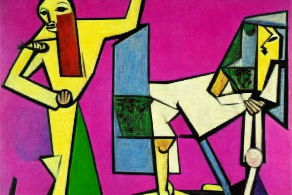 Vibrant abstract painting with geometric shapes and figures