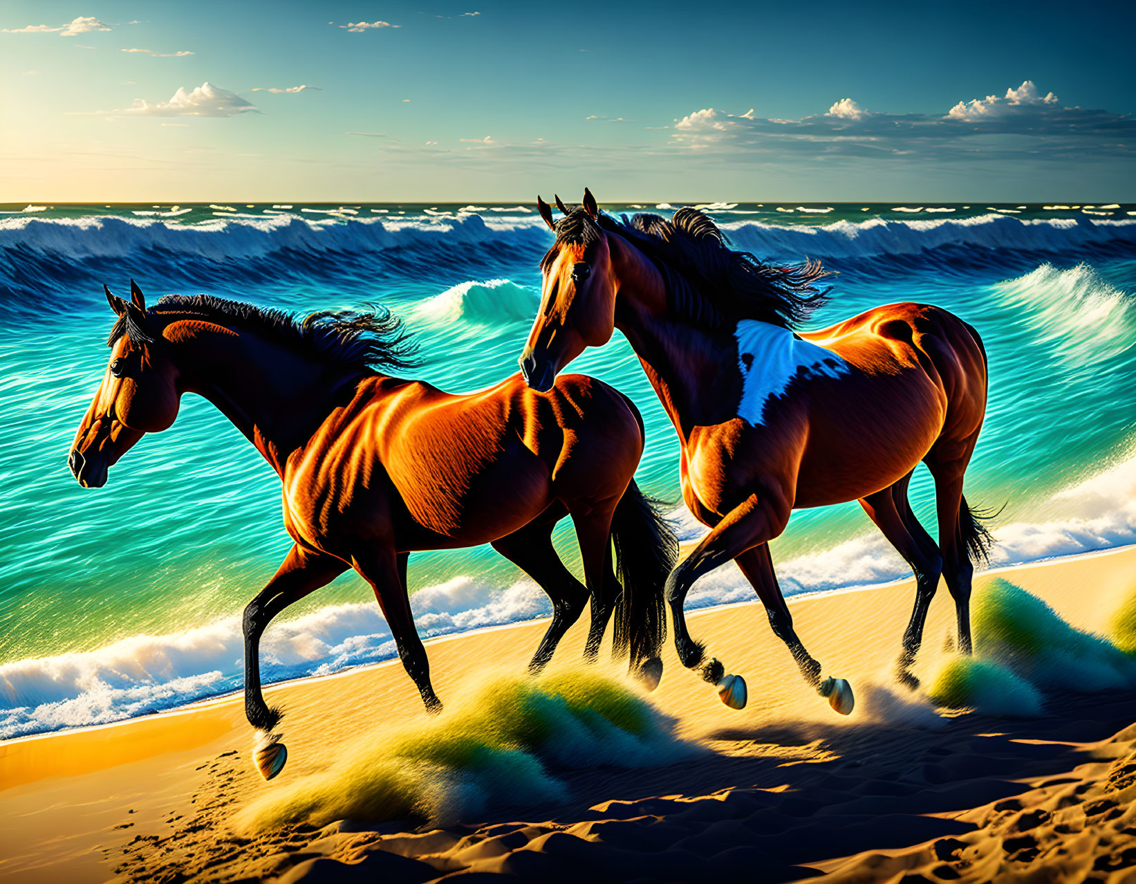 Three galloping horses on sandy beach with crashing waves and dramatic sky