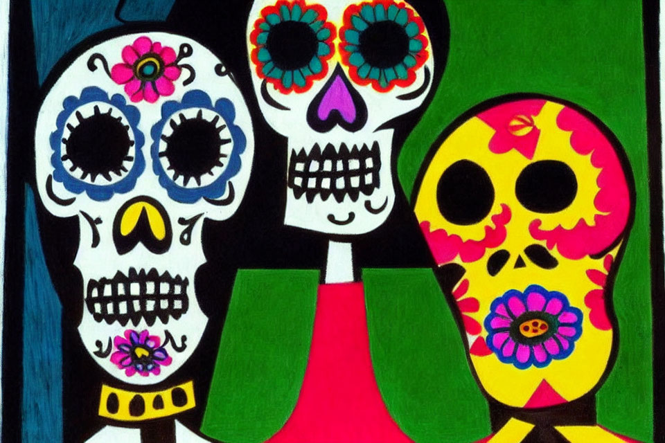 Colorful Dia de los Muertos sugar skulls with floral patterns