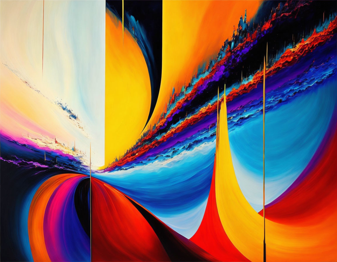 Colorful Abstract Triptych Painting with Blue, Orange, and Red Swirls