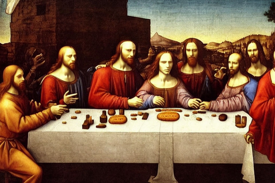 Religious painting of Last Supper with Jesus and apostles at table