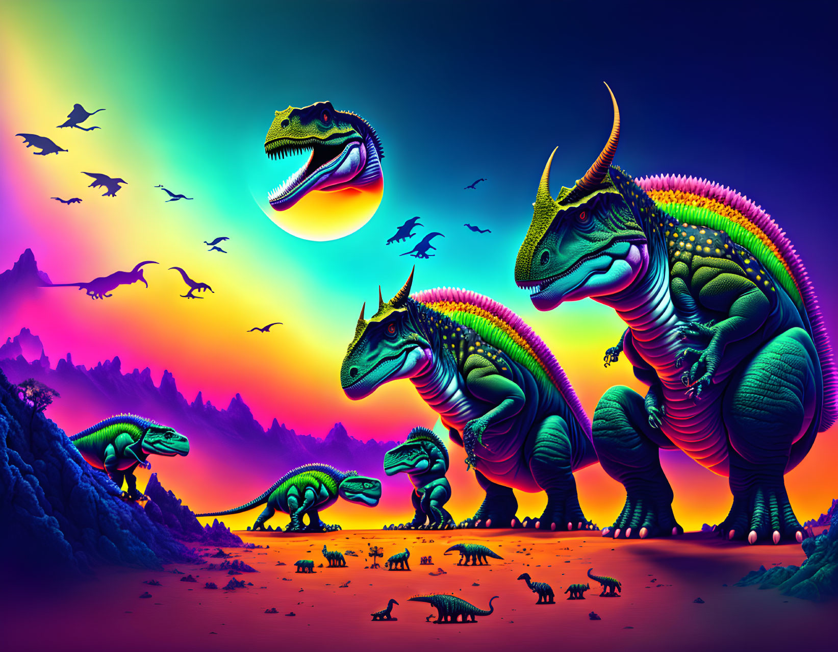 Colorful dinosaur illustration in surreal landscape with gradient sky at sunset