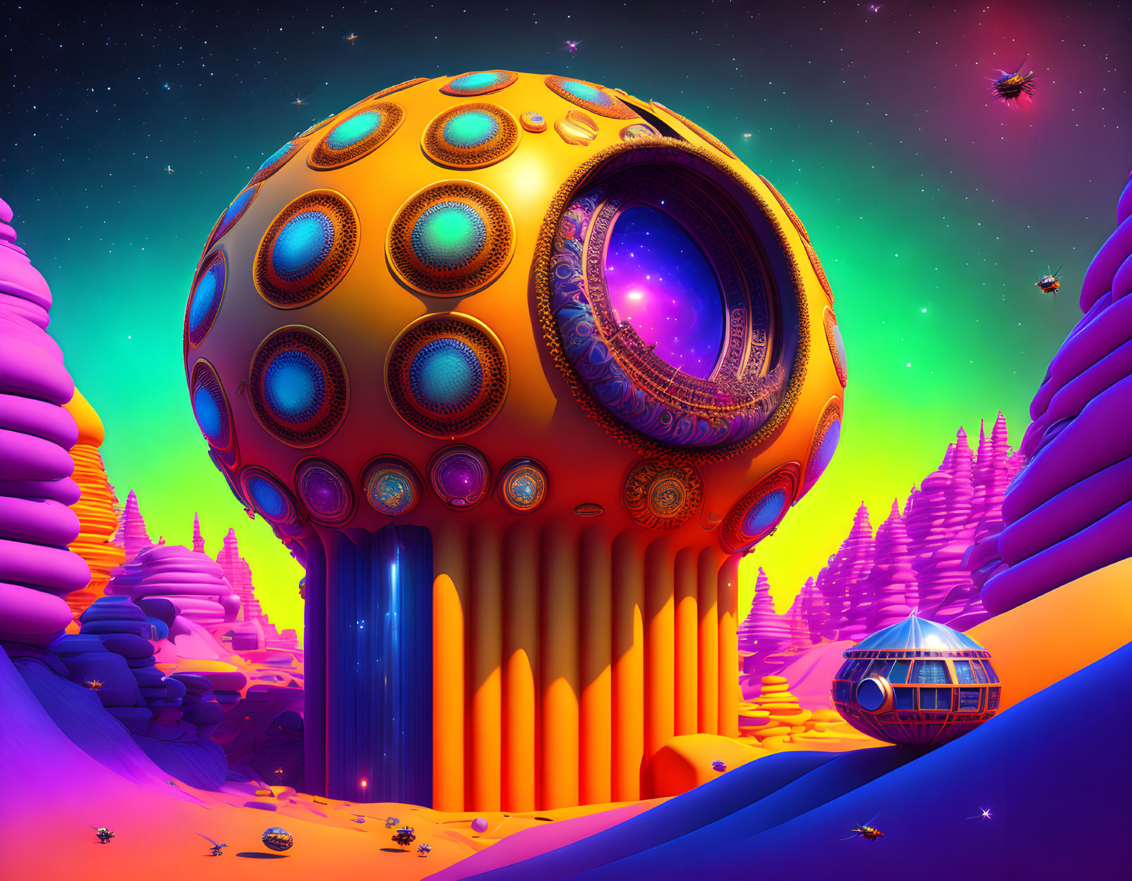 Colorful sci-fi landscape with spherical structure, alien terrain, flying crafts, and domed vehicle.