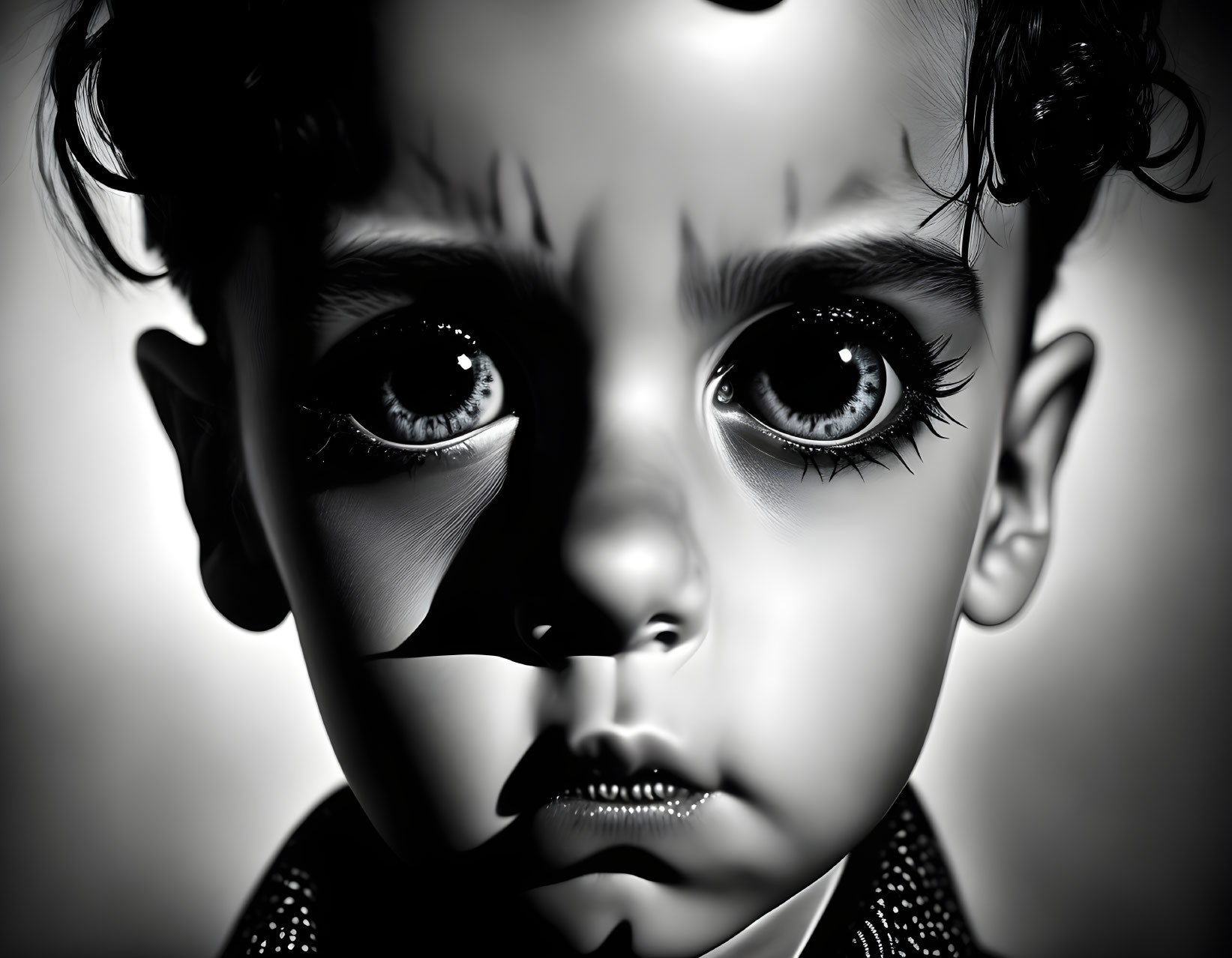 Monochrome close-up of expressive child with curly hair and large eyes